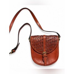 Leather Woven Saddle Crossbody Bag Brown Gold Color Accents Festival Hiking