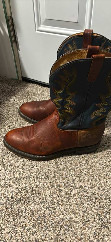 Durango Brown Leather Western Cowboy Boots Pull-On Blue Embroidered Shaft