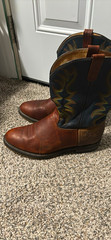 Durango Brown Leather Western Cowboy Boots Pull-On Blue Embroidered Shaft