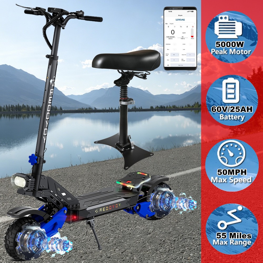 GLIDEZONE APP NFC 5000W Adults Electric Scooter 50MPH 55Miles Oil Brake + Seat