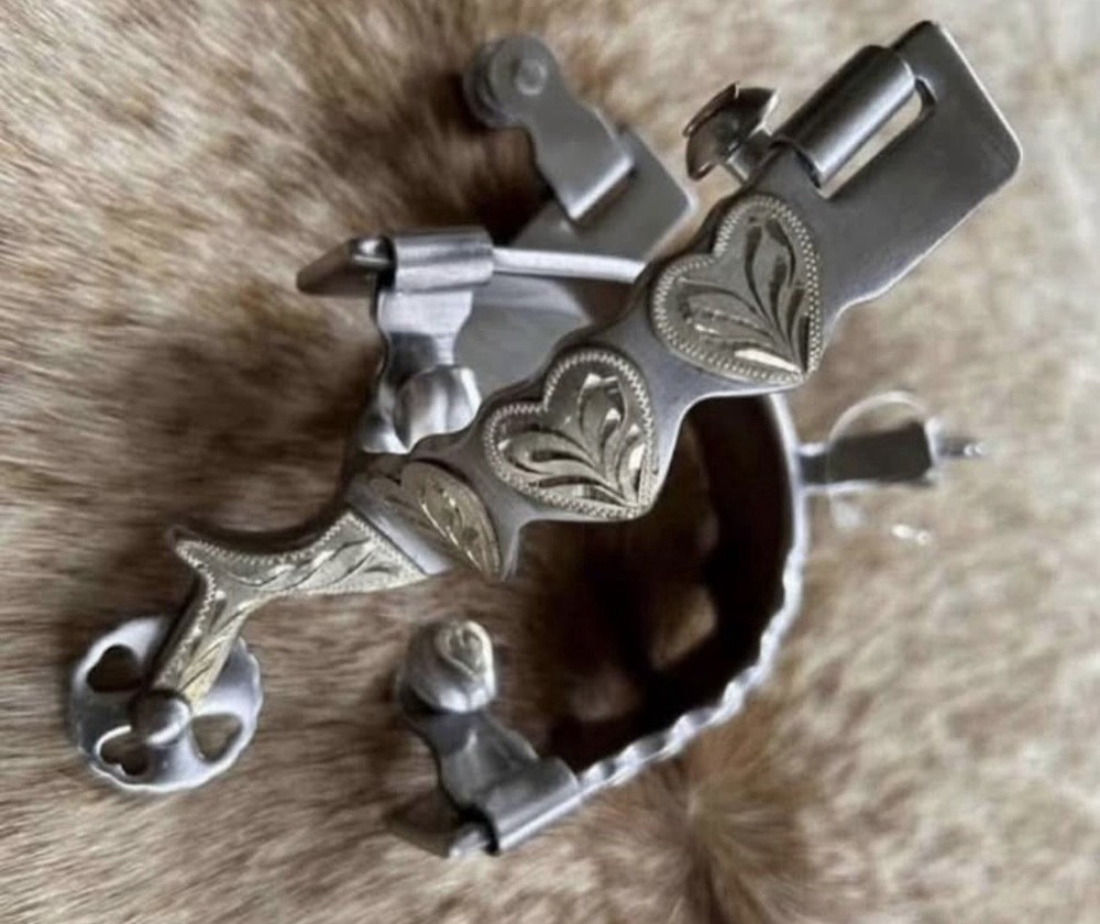 Pair Ladies Western HEART Design Engraved German Silver Spurs