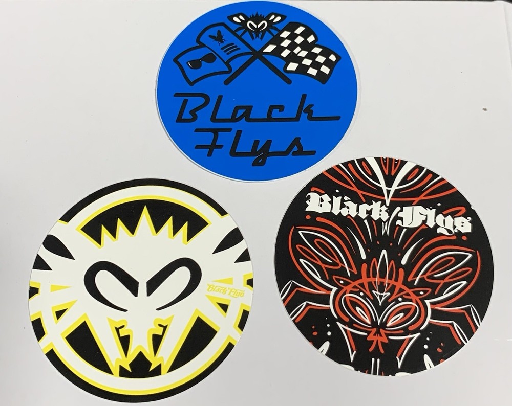 2 1/2 inch Circle Black Flys Eyewear STICKER Surf Skate Snow Party Lot of 3