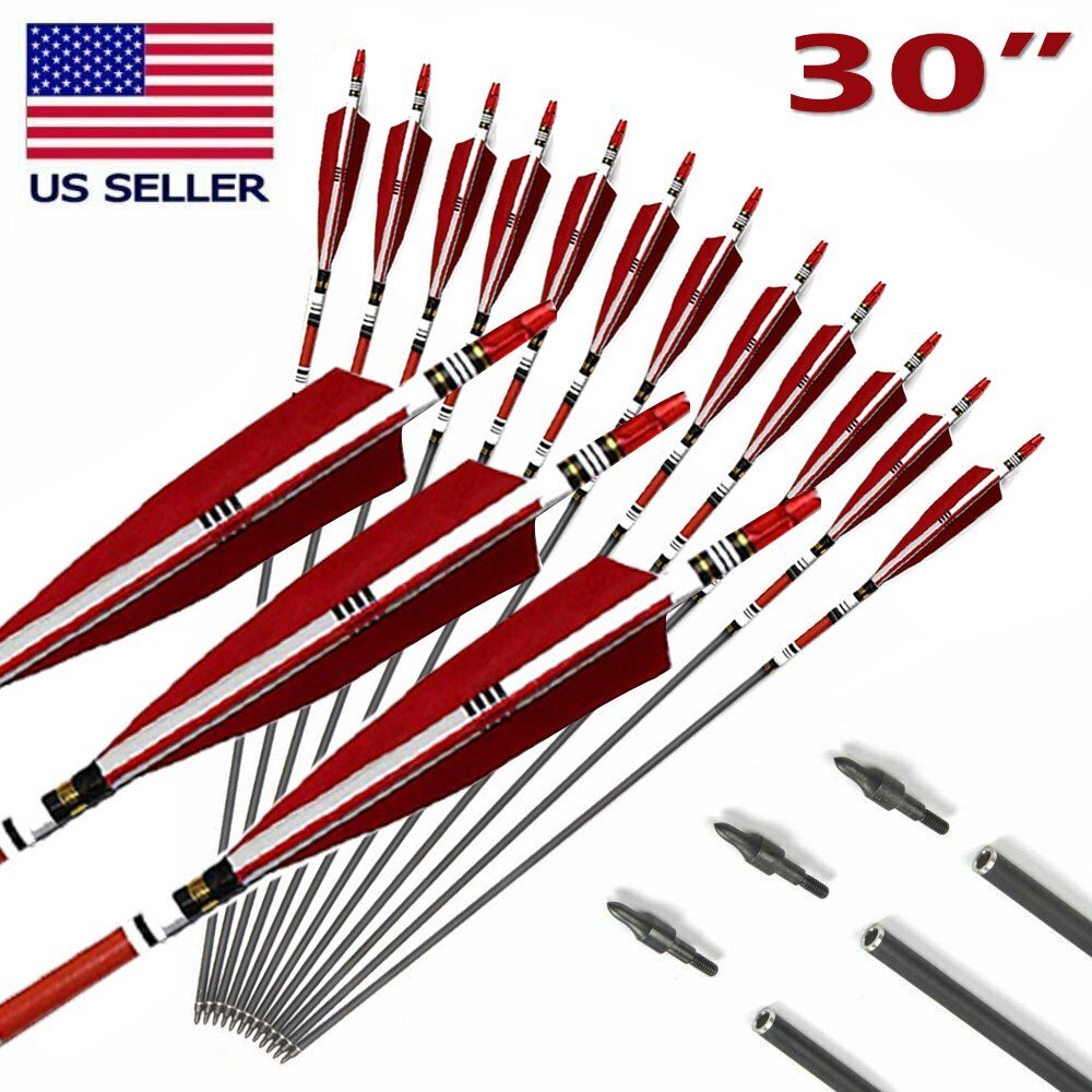 12Pcs 30″ Carbon Shaft Arrows Spine 500 OD 7.6mm True Turkey Feathers Hunting
