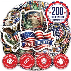 200 Pcs United States 250th Anniversary Stickers – 200 Unique Designs USA Vin…