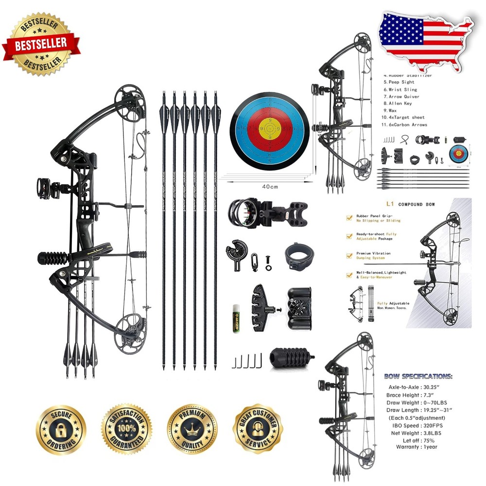 Right Hand Black Compound Bow 0-70 Lbs Adjustable 320 FPS Hunting Package