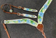 Painted Blue Flowers One Ear Headstall & Breast Collar & Reins NEW