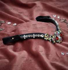 Luxury Crystal Horse Browband Black Leather Multicolor Rhinestone Show Bridle