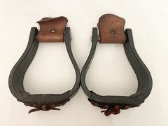 (2) Pair of Vintage Western Leather Wrapped Bell Horse Stirrups Ranch Work