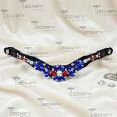 Black Leather Horse Browband with Blue Red Crystal Rhinestones Show Bridle