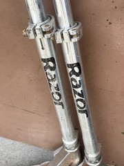 Pair of Vintage Razor Aluminum Kick Scooters Folding Silver Kick Scooters