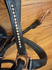 Full Size Black Leather Rose Gold Rhinestone Halter w/ Black Cotton 4ft Lead