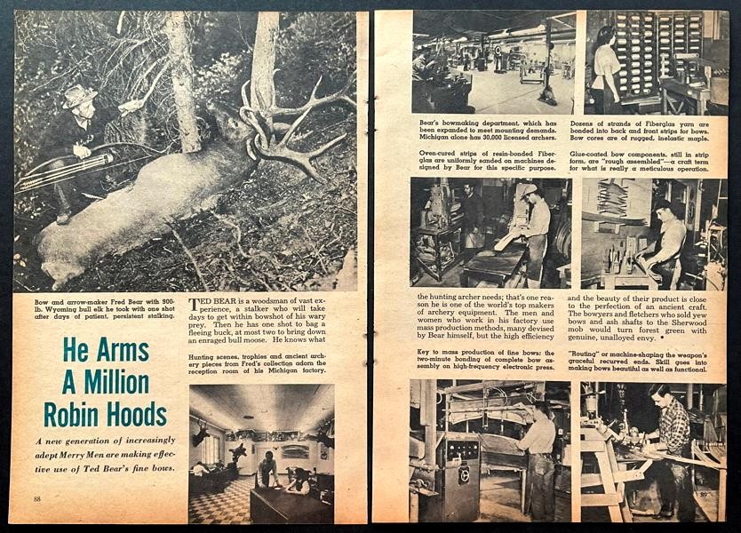 Fred Bear bows 1955 factory pictorial “He Arms a Million Robin Hoods” Archery