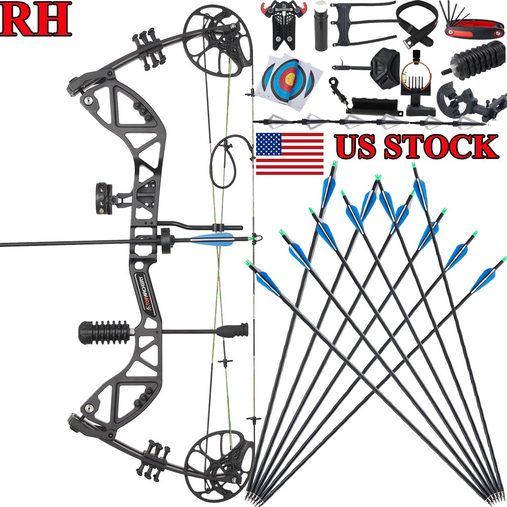 Archery RH Compound Bow 30-70lbs Wheelbase 30.5»&Carbon Arrows Hunting Shooting