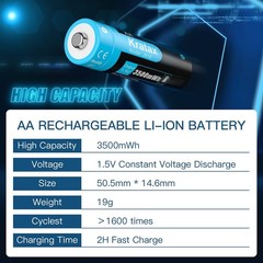 Kratax Rechargeable Lithium AA Batteries 8 Pack 1.5v 3500mWh li-ion Rechargea…