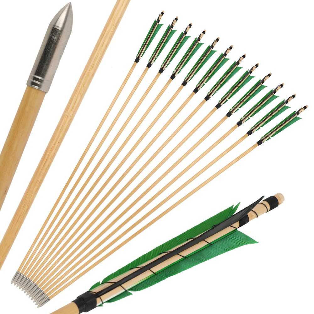12X 32″ Wooden Arrow OD8mm Archery 5″ Turkey Feather Traditional Recurve Longbow