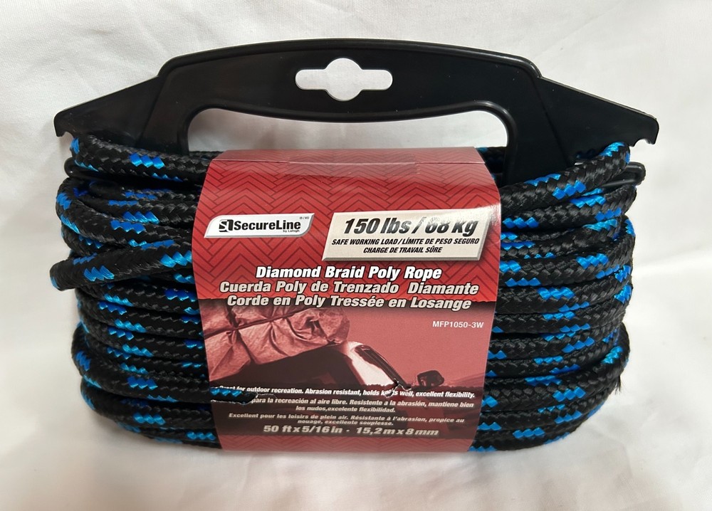 5/16″ x 50′ Diamond Braid Polypropylene Rope Black with Green Blue Red Marine