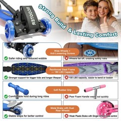 3-Wheel Kids Kick Scooter, Adjustable Handlebar, Light-Up Wheels, Foldable, Ages