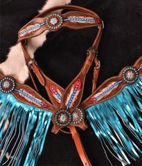 Headstall-Reins-Breastcollar Painted Feathers -Crystal Conchos-Turquoise Fringe