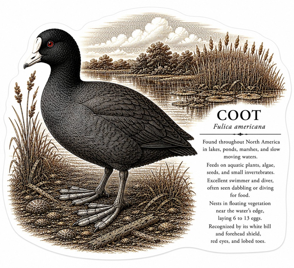Coot (Fulica americana) Bird Sticker Decal, Landscape, Glossy Vinyl