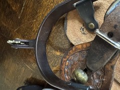 Western Riding Spur Rowel Spurs w/ Tooled Leather Straps, Chap Guards, Conchos