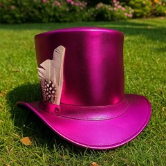 Magenta Leather Top Hat with Feather: Steampunk Gothic Cosplay pink hat western