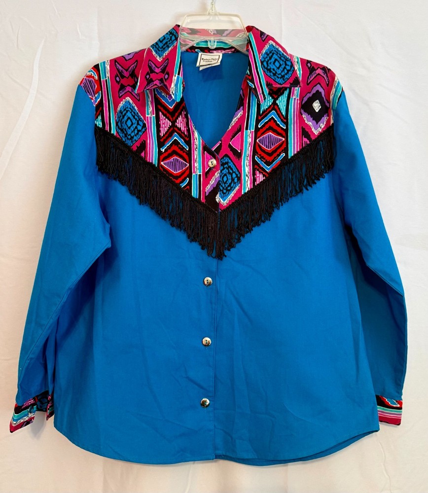 Women’s Vintage Western Plains Fringe Rodeo Shirt – Southwestern Pattern – Md