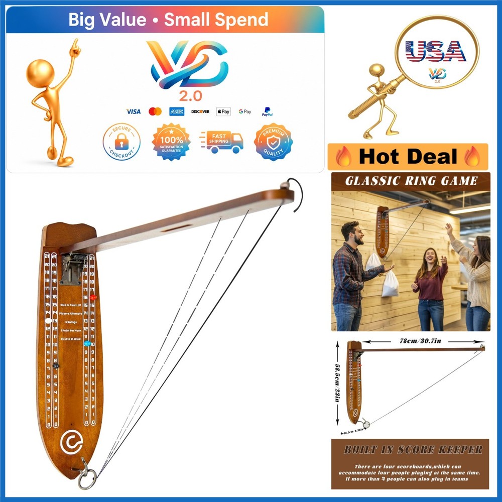 Walnut Ring Toss Game with Foldable Arm Indoor Outdoor Fun Durable Wood Metal
