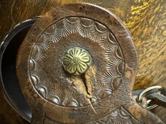 Western Riding Spur Rowel Spurs w/ Tooled Leather Straps, Chap Guards, Conchos