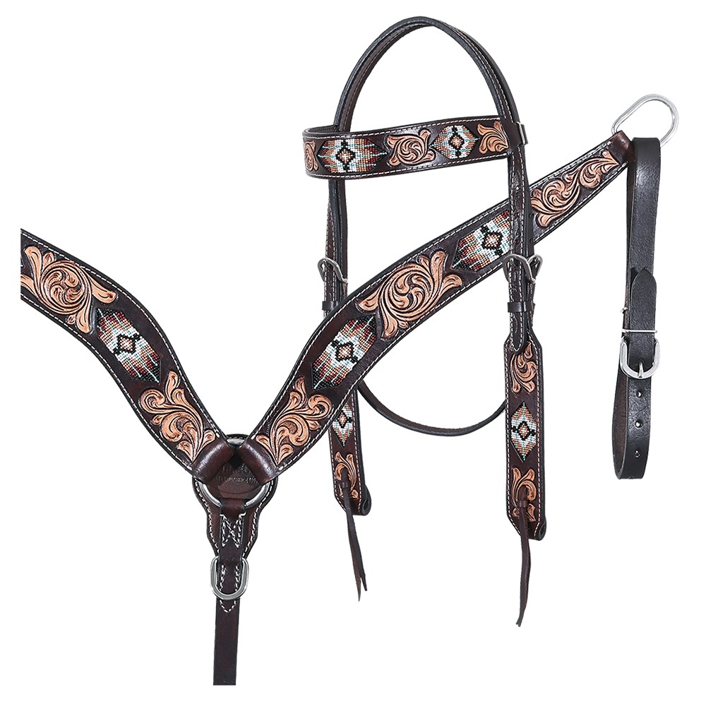 Hilason Horse Floral Hand Carved American Leather Breast Collar Headstall W/