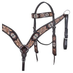 Hilason Horse Floral Hand Carved American Leather Breast Collar Headstall W/