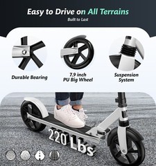 Foldable Kick Scooter Adjustable for Teens Adult Big Wheels No Assembly Unisex