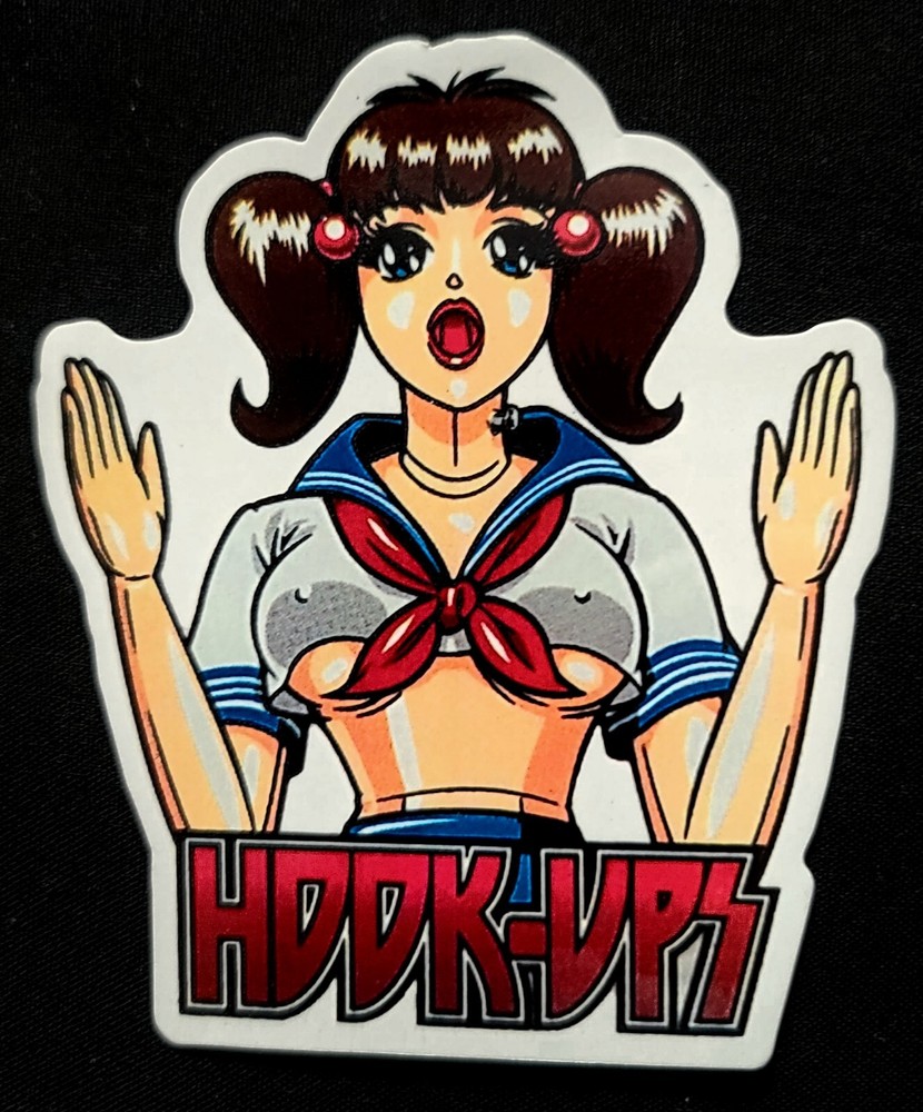 HOOK UPS STICKER VINTAGE «BLOW UP BOOBS CHEERLEADER DOLL» 3 5/8 X 4 1/4″ GLOSSY