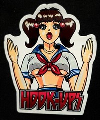 HOOK UPS STICKER VINTAGE «BLOW UP BOOBS CHEERLEADER DOLL» 3 5/8 X 4 1/4″ GLOSSY