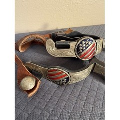 Western Patriotic American Flag Spurs with Jingle Bobs and Leather Straps