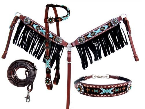 Showman 4 Piece Beaded Navajo Design Headstall & Breast Collar Set w/ Fringe